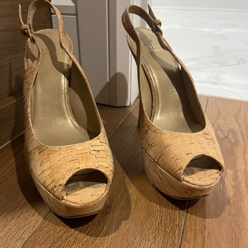 Stuart Weitzman Natural Cork Peep-Toe Slingback Heels